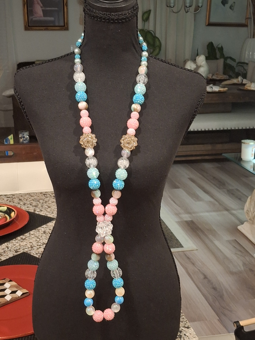 Multicolor Beaded Statement Necklace - Pink, Blue & Clear